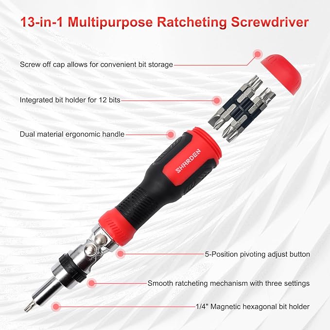 SHARDEN Ratcheting Screwdriver 13-in-1 Multibit Screwdriver All in One Screwdriver Set with Phillips, Flat Head, Torx Security, Hex, Robertson, 180 Degree Pivoting Adjustable Angled Screw Driver Set