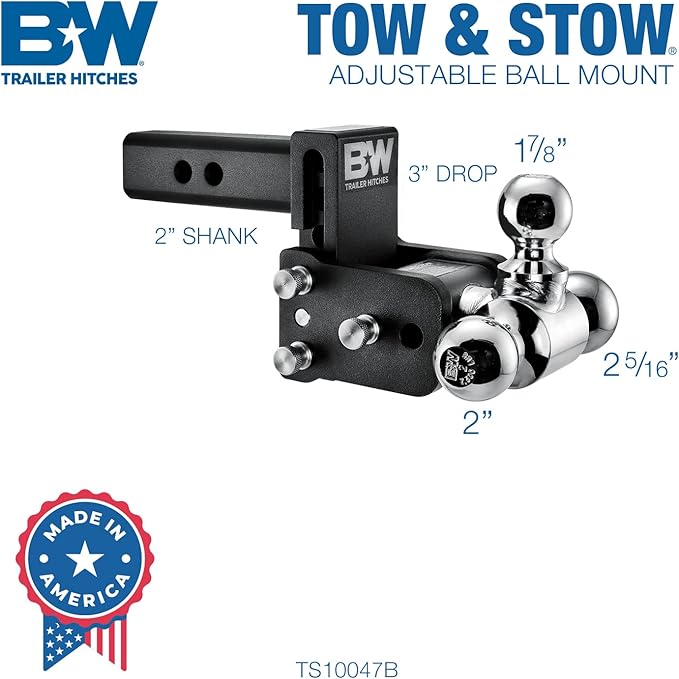 B&W Trailer Hitches Tow & Stow Adjustable Trailer Hitch Ball Mount - Fits 2" Receiver, Tri-Ball (1-7/8" x 2" x 2-5/16"), 3" Drop, 10,000 GTW - TS10047B