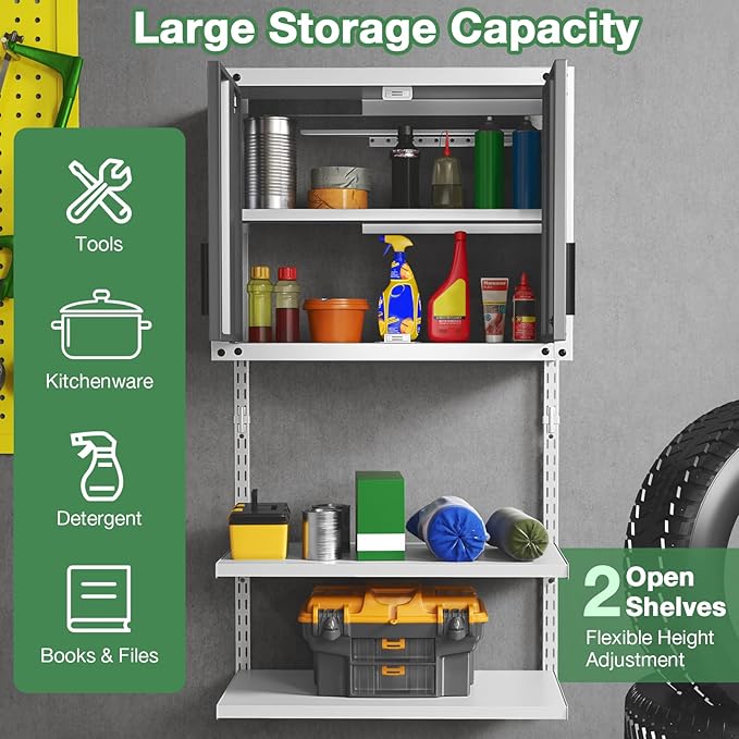 Goplus Garage Wall Cabinet, Metal Wall Mounted Tool Storage Chest with 3 Adjustable Shelves, Lockable Doors, Keys, Hanging Tool Cabinet for Workshop, Basement, Kitchen
