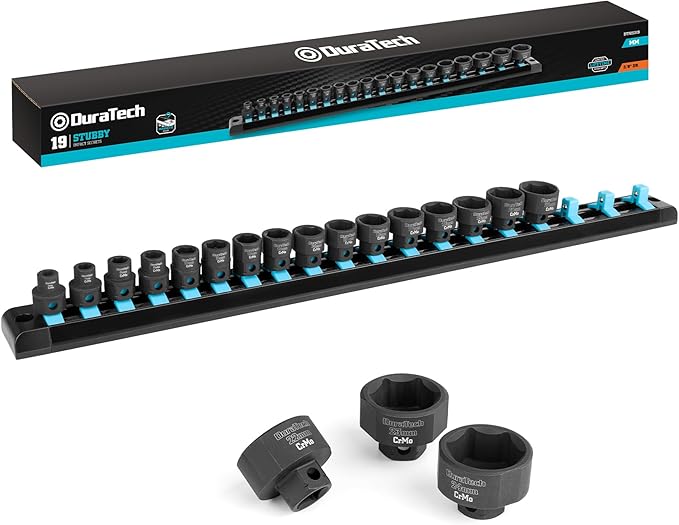 DURATECH 3/8" Drive Stubby Impact Socket Set, Low Profile Impact Sockets, 19-Piece, Metric, Size Covers 6-24mm, Cr-Mo Steel, Organized in Magnetic Storage Rail