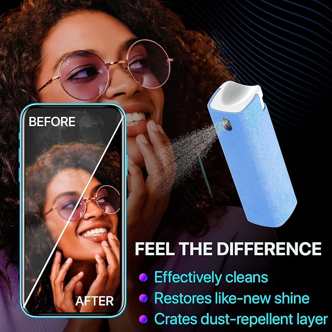 IO CLEAN Mini Screen Cleaner Spray – Finger Proof Screen Cleaner for Smartphones, iPads, MacBooks, Laptops, Car Screens, Touchscreens – 3in1 Mist Cleaner, Microfiber Cloth and Protective Cover (Cream)