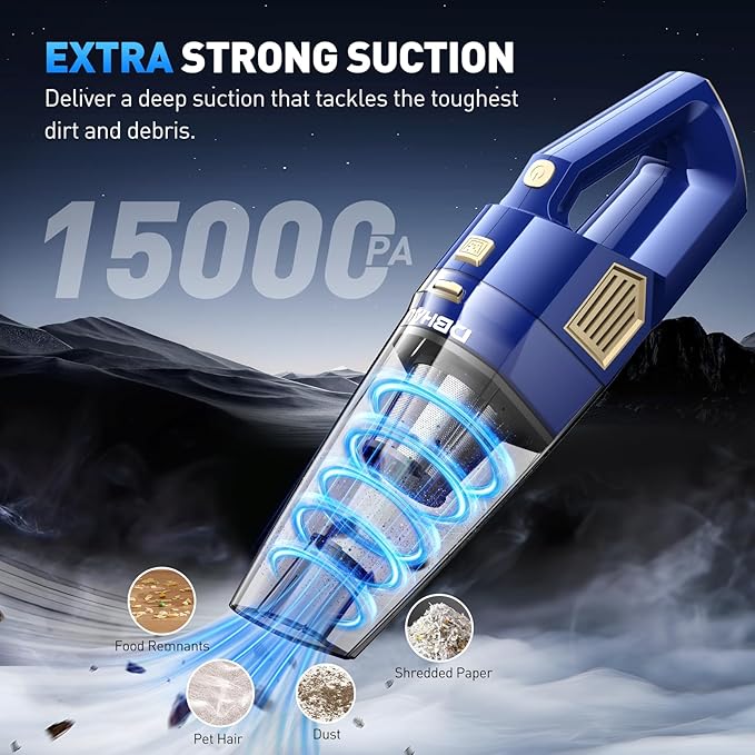 Handheld Vacuum Cordless, 15000PA Powerful Suction Car Vacuum Cleaner Lightweight with Multi Accessories, Hand held Vacuum Cleaner Dust Busters Cordless Rechargeable for Car Home