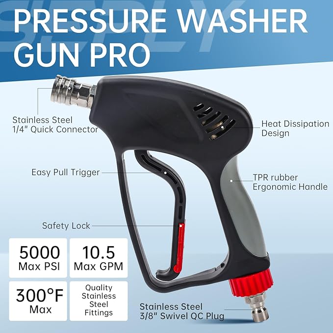 Pressure Washer Short Gun, 5000 PSI/10.5 GPM High Power Washer Spray Gun with 5 Nozzle Tips, 3/8'' Swivel Quick and M22-14mm Connect for Foam Cannon Car Wash