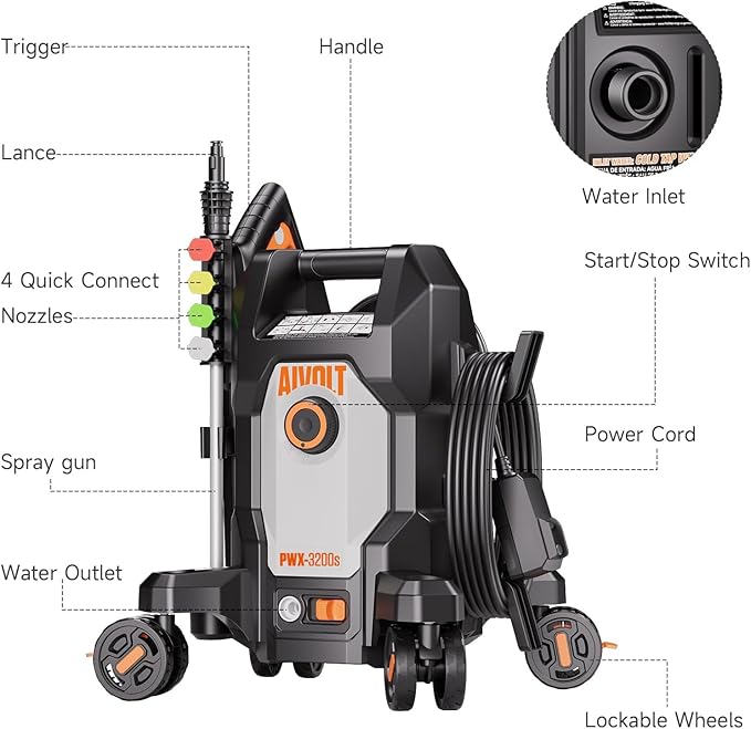 AIVOLT Pressure Washer, Portable Power Washer with Anti-Tipping 4-Wheel Design, 4 Quick-Connect Nozzles, Foam Cannon, Spray Gun & Cleaning Brush Set for Cars, Driveways, Fences, Patios & Home