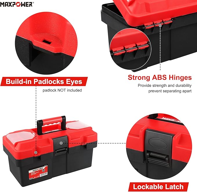 MAXPOWER Small Tool Box, 14-inch Plastic Tool Boxes with Handle, Removable Tray with Dual Lock Secured, Red Toolbox for Home