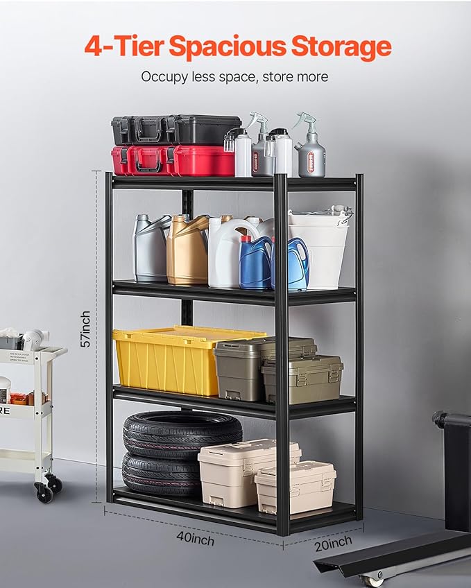 VEVOR Storage Shelves, 2400 lbs, 4 Tier Garage Storage Shelving, 20" D x 40" W x 57" H Adjustable Metal Shelves for Garage Shelves Utility Rack Shelf, Ideal for Kitchen, Warehouse, Basement, Black