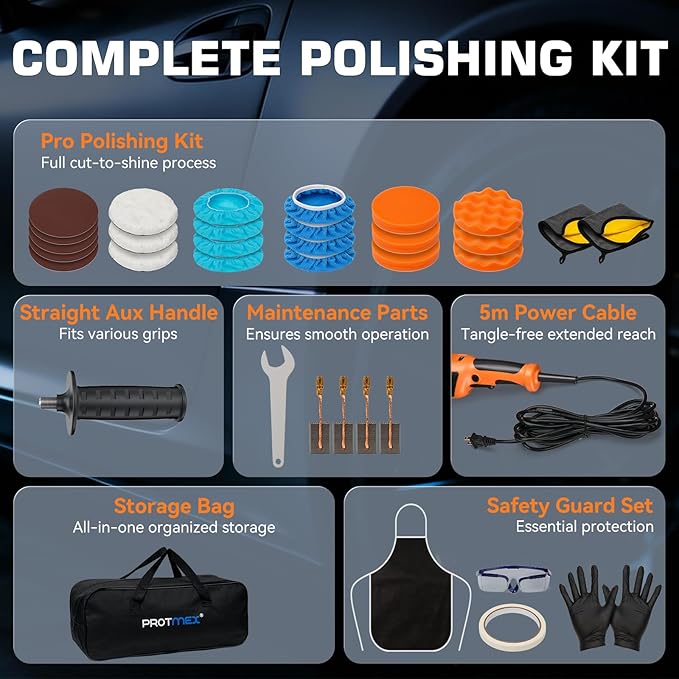Protmex 1200W Dual Action Car Buffer Polisher, 6 Inch Orbital Polisher with 6 Variable Speed 2500-6000RPM, Constant Power & Detachable Handle for Car Detailing, Polishing, Waxing and Scratch Removal