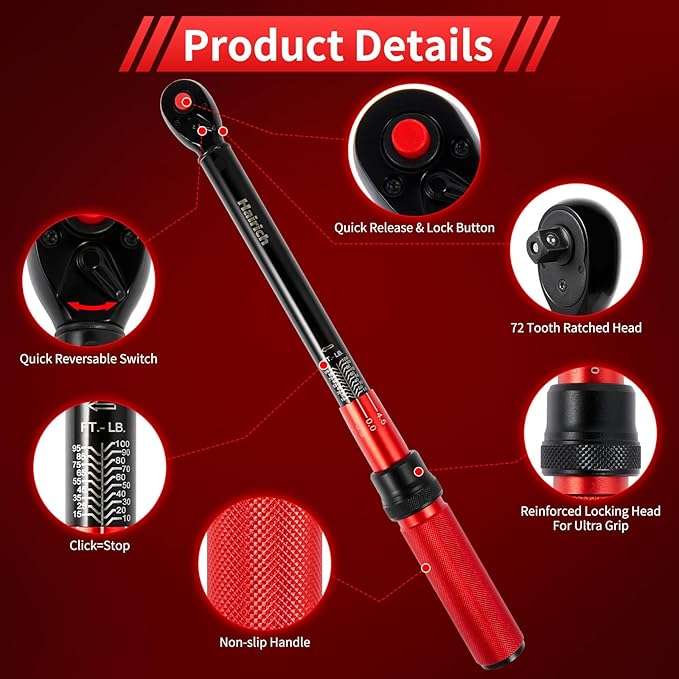 3/8-Inch Torque Wrench, Dual-direction Torque Wrenches 10-100ft.lb/13.6-135.6Nm, 72-Tooth Dual Range Scales Torque Wrench with Quick Release Reversible Head