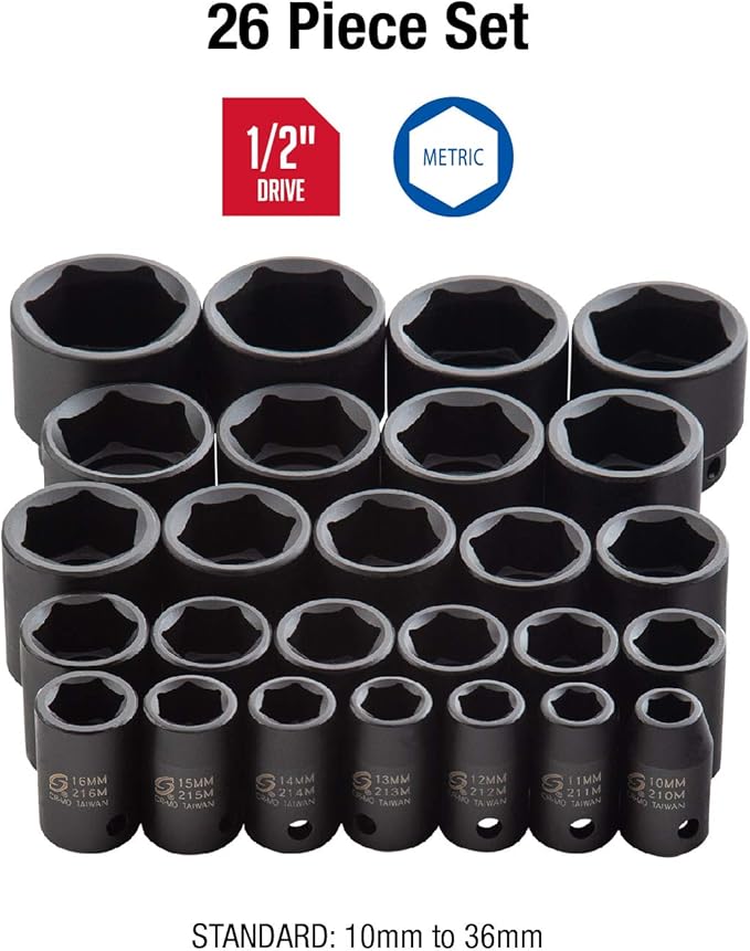 Sunex 2641, 1/2 In Drive Deep Impact Socket Set, 19-Piece, SAE, 3/8" - 1-1/2" & 2645, 1/2 In Drive Impact Socket Set, 26-Piece, Metric, 10mm-36mm, Cr-Mo Alloy Steel