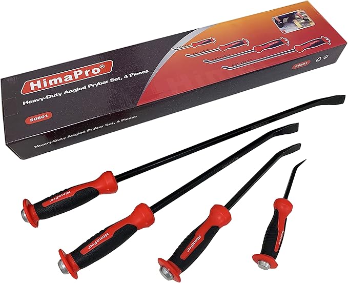 HimaPro Heavy-Duty Angled Prybar Set, 4-Piece Heavy Duty Pry Bar with Strike Caps and Hand Protection Mechanism, Industrial Grade Steel with Angled Tip, Perfect For Prying, Scrapping, Lifting, Pulling