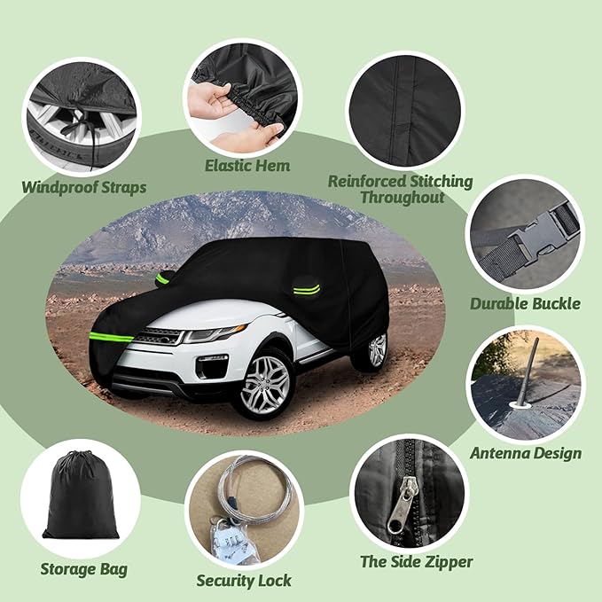 6 Layer Car Cover for Land Rover Range Rover Evoque 2011-2025, 210T Waterproof Sun Rain UV Dust Snow Protection Outdoor Evoque Full Car Cover with Windproof Gust Strap and Zipper Door-Black