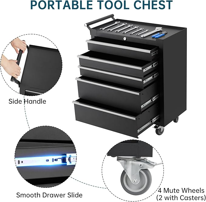 GarveeLife 5-Drawer Tool Box 24" Garage Tool Box with Key Lock and Removable Drawer Liners, Wheeled Design, Suitable for Garages, Warehouses, Workshops, and Repair Shops - Black
