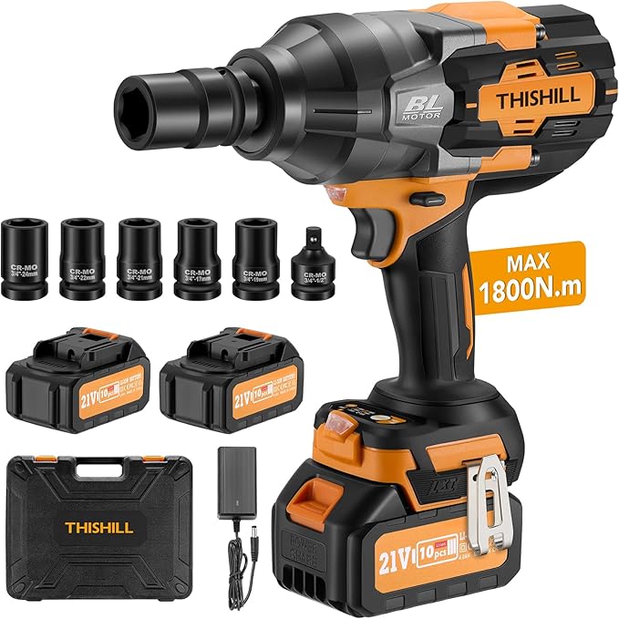 This Hill 3/4 inch Cordless Impact Wrench 1/2",1328Ft-lbs(1800Nm),21V Brushless lmpact Driver Set,2x 4.0Ah Battery,High Torque Power Impact Gun for Agricultural Machinery Truck