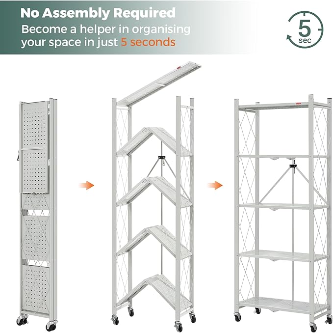 DEANIC 5-Shelf Folding Bookcase with Wheels, Rolling Bookshelf Heavy Duty Storage Shelves, Freestanding Metal Wire Shelving Unit for Living Room, Office, Kitchen, Basement, Pantry (Grey)
