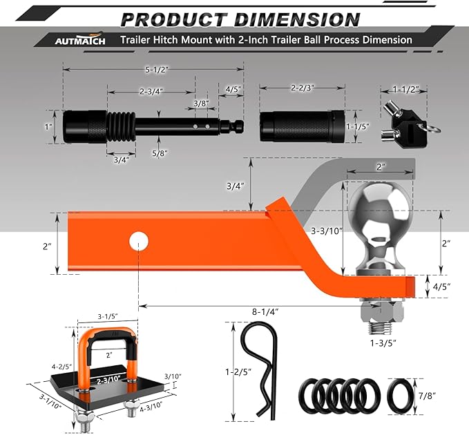 AUTMATCH Trailer Hitch Ball Mount with 2 Inch Hitch Ball - Fits 2" Receiver with Hitch Tightener, 8000Lbs Capacity Ball Hitch, 2-Inch Drop with 5/8" Hitch Lock Pin, Orange