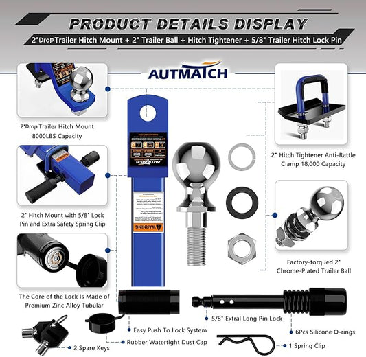 AUTMATCH Trailer Hitch Ball Mount with 2 Inch Hitch Ball - Fits 2" Receiver with Hitch Tightener, 8000Lbs Capacity Ball Hitch, 2-Inch Drop with 5/8" Hitch Lock Pin, Blue
