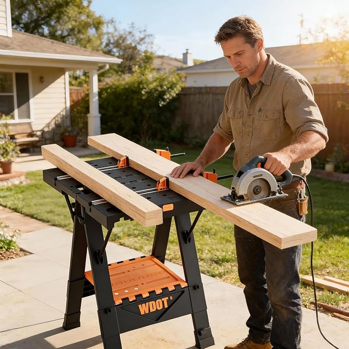 2-in-1 Folding Work Bench & Sawhorse, Easy Setup Portable Work Table, 31" W x 25" D x 32" H, Laser-Engraved Scale,Lightweight Worktable with Large Load Capacity, 2 Clamps & 6 Bench Dogs