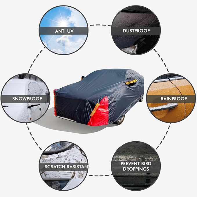 Car Cover Waterproof All Weather for Automobiles, 6 Layers Outdoor Full Exterior Cover Rain Sun UV Snowproof Protection with Zipper Cotton, Mirror Pocket for Sedan (173-183 inch)