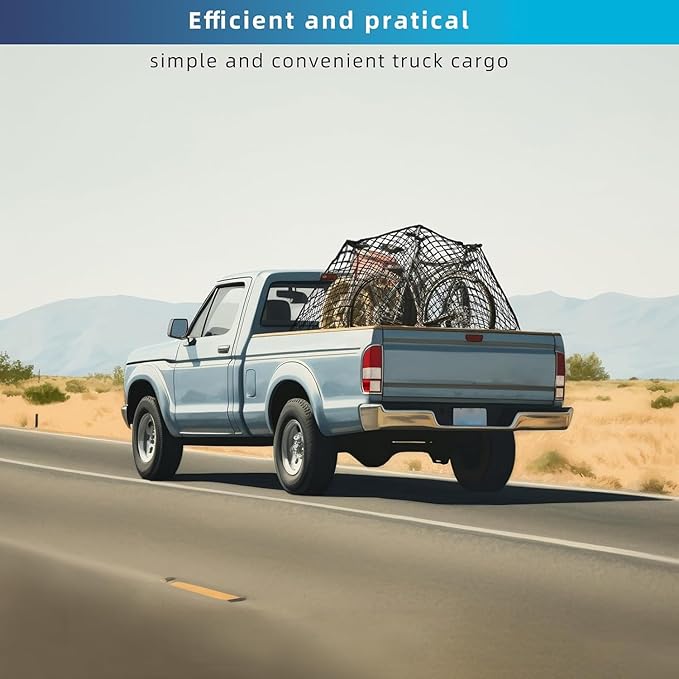Highly Elastic Truck Bed Cargo Net, 4' x 4' Stretches to 7'x7', Black Polyester Mesh with Snap Hooks, 6 Clips