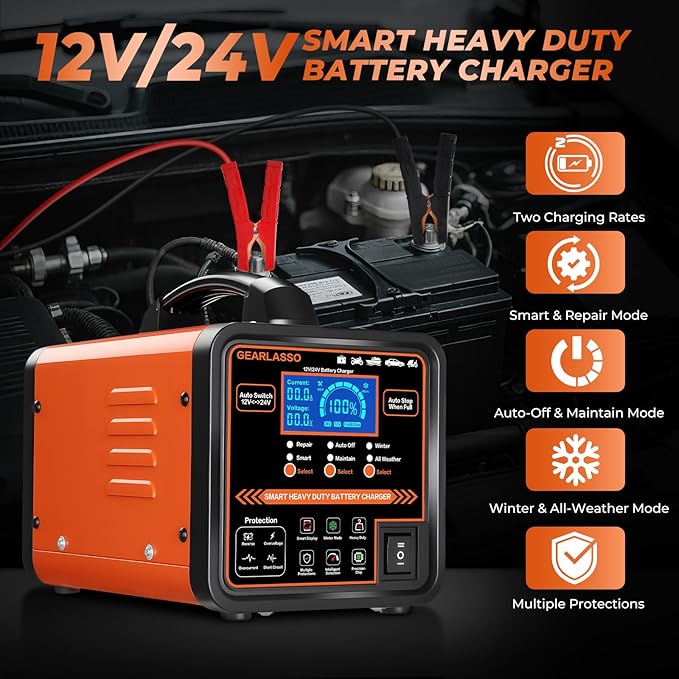 12V 24V Car Battery Charger Heavy Duty, 0-15A Automatic Battery Maintainer with Auto Shutoffs, Repair and Winter Mode, Smart Trickle Charger for Car Truck Motorcycle RV AGM Deep Cycle