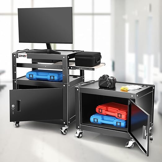 DNA Motoring Steel AV Cart with Extra Storage, 24" X 18" X 20.7"-30" Height Adjustable 2-Layer Utility Rolling Projector Cart w/Wheels, Pull Out Tray, Power Strip, Cord Management, TOOLS-00496