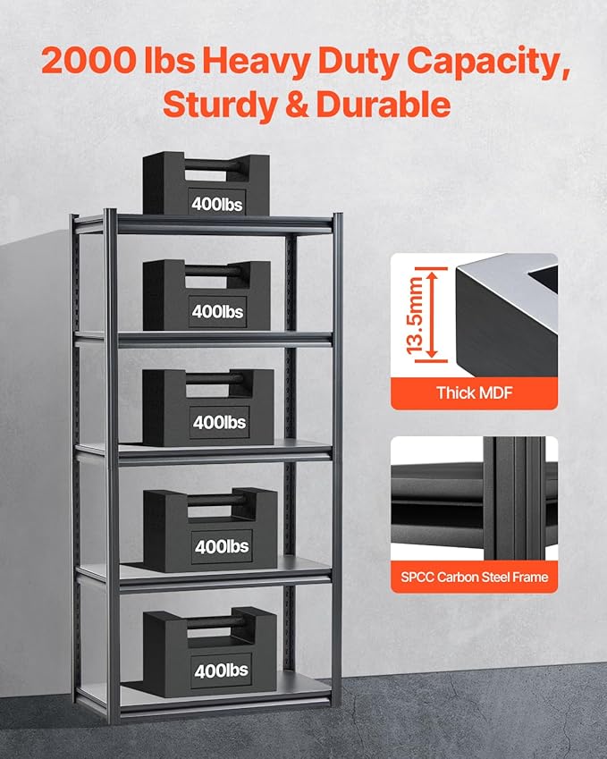VEVOR Storage Shelves, 2000 lbs, 5 Tier Garage Storage Shelving, 18" D x 36" W x 72" H Adjustable Metal Shelves for Garage Shelves Utility Rack Shelf, Ideal for Kitchen, Warehouse, Basement, Black