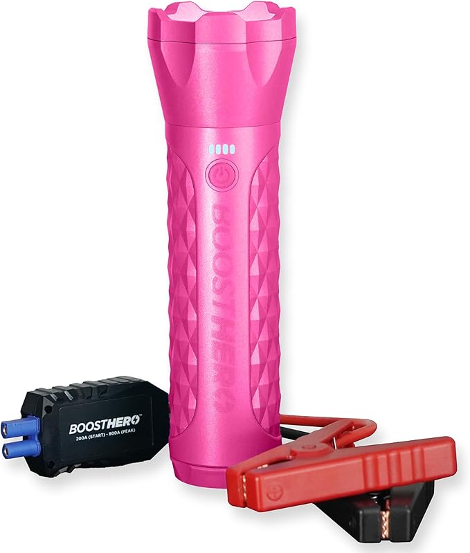 BoostHero Portable Car Battery Jump Starter, 6,000mAh Power Bank, LED Flashlight, with Smart Jumper Cables for up to 6.0L Gas/4.0L Diesel Engines (Pink)