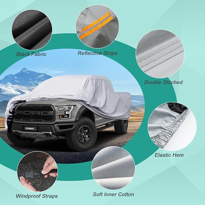Pickup Truck Cover - Waterproof All Weather, 6 Layer Heavy Duty Universal Fit Ford F150, Chevy Silverado, GMC Sierra, Dodge Ram 1500 Regular/Extended/Crew Cab (Up to 230 inch)