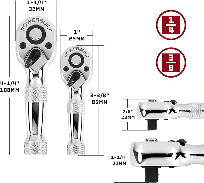 Powerbuilt 2 Piece 1/4-Inch and 3/8-Inch Stubby Ratchet Set, Quick-Release Reversible 72 Tooth, Tight Spaces, Mini Small Ratchet Wrench - 640927