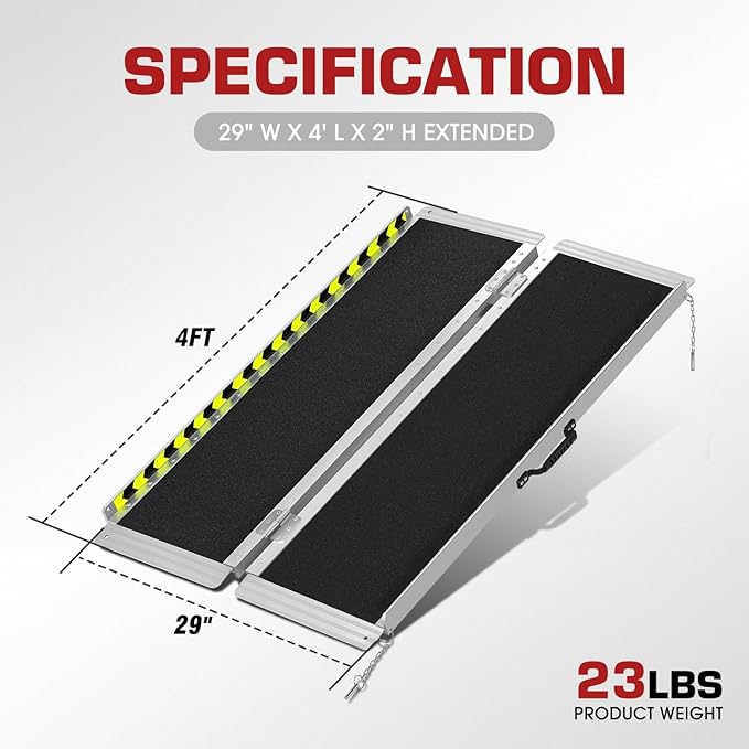 DNA Motoring 4FT Portable Wheelchair Ramp, Non-Skid Aluminum Handicap Ramps with Handle, Hold Up to 800Lbs, Threshold Ramp for Home Steps, Scooter Ramp, Doorways, Black, ZTL-WCRAMP-4FT-B