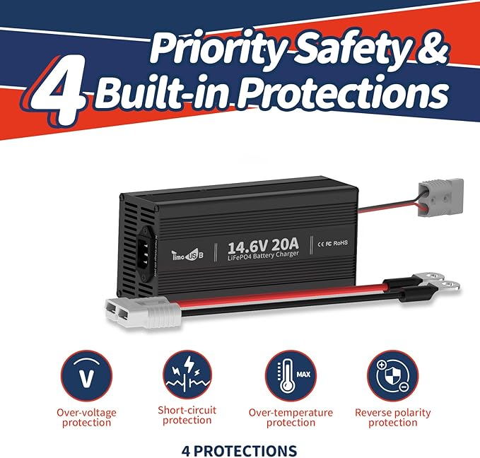 Timeusb 12V 20A LiFePO4 Battery Charger, 14.6V AC-DC Lithium Battery Smart Fast Charger with Anderson Connector LED Indicator for Lithium LiFePO4 Deep Cycle Batteries in Boats, RVs (12V 20A)