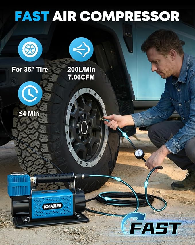 Kohree 12V Air Compressor, 7.06 CFM Fast Tire Inflator, Heavy Duty Tire Pump with Max 150 PSI for Offroad Truck, RV, 4x4 Vehicles