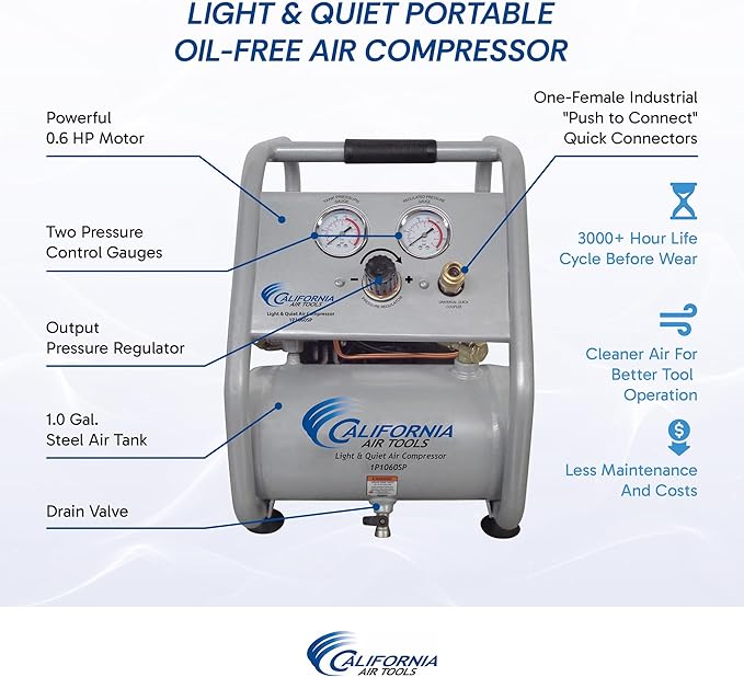 California Air Tools CAT-1P1060SP Light & Quiet Portable Air Compressor, Lightweight, Ultra Quiet, Oil-Free, 1 Gallon Steel Tank, .6 HP, 56 dBA Noise Level
