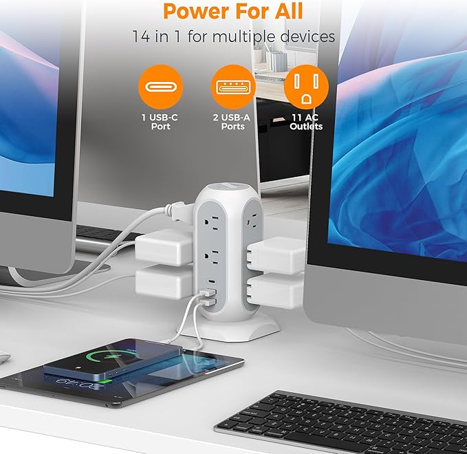 TESSAN Tower Power Strip Flat Plug with 11 Outlets 3 USB (1 USB C), Surge Protector Tower 1625W/13A,1050J Protection, 10 Feet Extension Cord with Multiple Outlets, Dorm, Office Desk Supplies, Grey