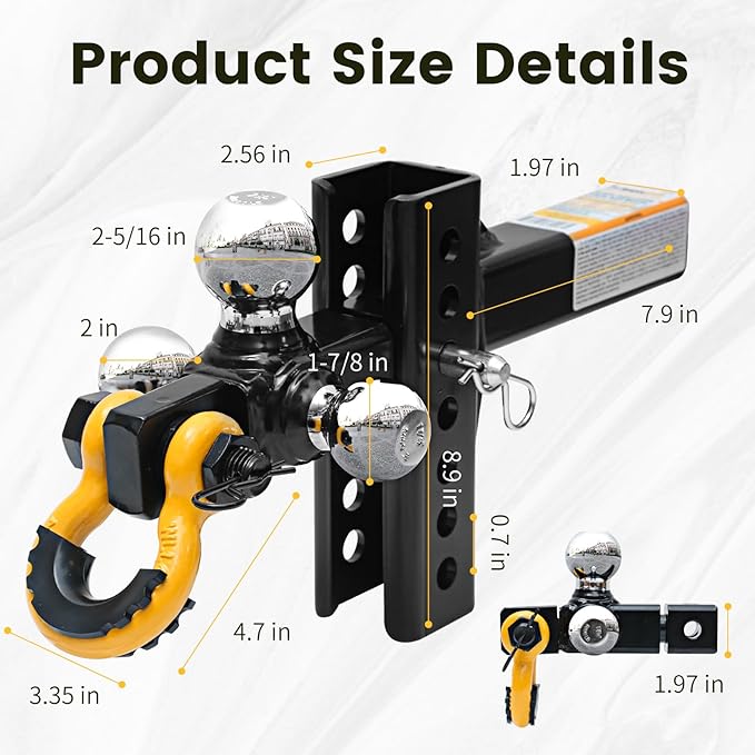 MaxxHaul Adjustable Tri-Ball Hitch Mount with Rotating Tow Shackle & D-Ring Fits 2" Receiver 1-7/8" 2" 2-5/16" Balls 12000 lb Capacity 5" Drop Rise 51003