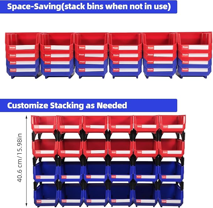 Stackable Parts Organizer 24 Pack (5x4x3 Inch), Small Parts Bins Wall Mounted Hanging Storage Bins for Screw, Hardware, Garage, Workbench & Office (Blue & Red)