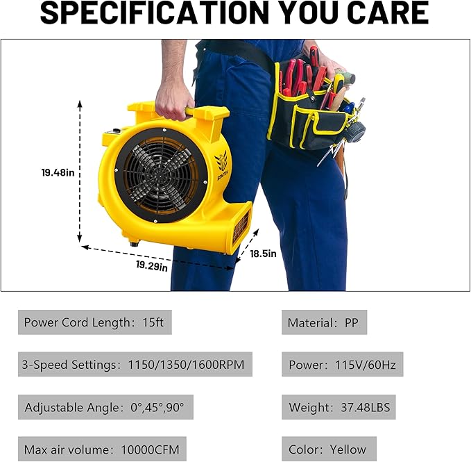 Air Mover Blower Fan, Industrial 1.5HP MAX10000CFM Monster Floor Blower Carpet Dryers - 3 Speeds, 4 Adjustable Angles, 15FT Long Cord, Stackable, Yellow - 2026 Upgraded