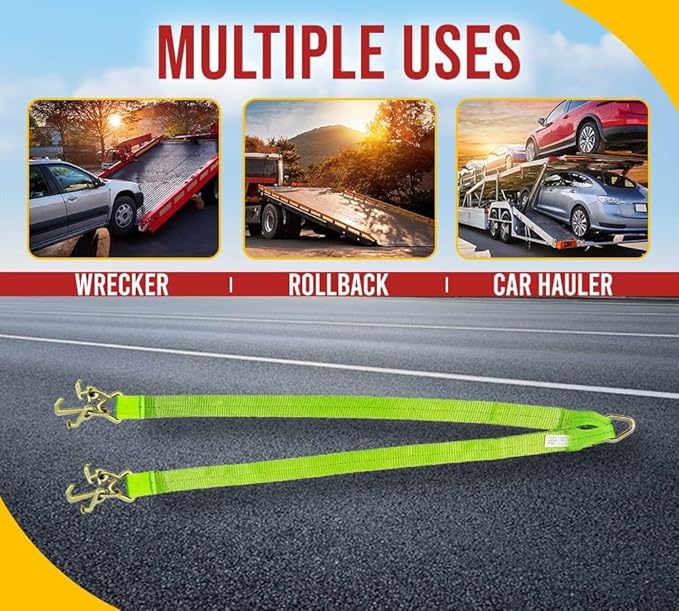 Mytee Products Tow Straps V Bridle 3" x 36" w/RTJ Clusters, Hi VIZ/HI Abrasion Green Webbing, 5400 lbs WLL | Recovery V Strap w/Reinforced Webbing for Towing, Wrecker, Rollback, Car Hauler