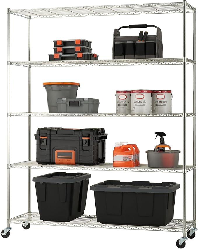 5-Tier Adjustable Wire Shelving with Wheels, Wire Shelf Rack for Kitchen Organization, Garage Storage, 500 to 2500 Pound Capacity, NSF Certified, 60” x 18” x 72”, EcoStorage Chrome