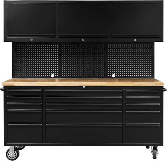 CHETTO C 72 inch Tool Chest Tool Box Mobile 15 Drawers Storage 3 Upper Cabinets SS-Pegboard Rolling Cabinet with Wheels Lock Key Locking System Drawer Liners for Garage Warehouse Repair Shop Black
