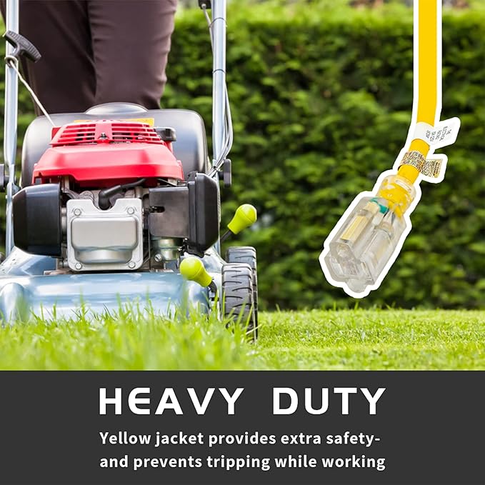 Indoor Outdoor Extension Cord Weatherproof with Lighted End, UL Listed, 10 Gauge 30FT Yellow 3 Prong Heavy Duty, 10/3 SJTW 15A Power Cord for Outdoor Lights, Lawn