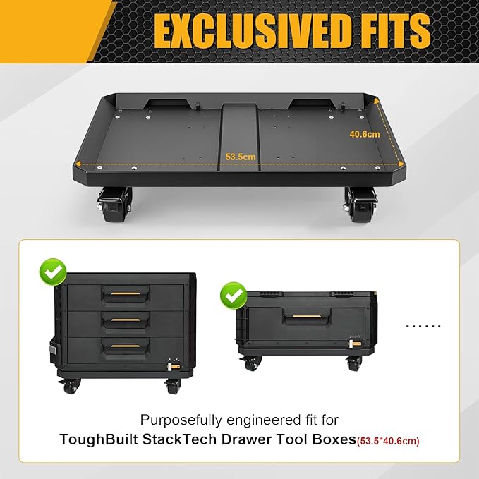 Heavy Duty Tool Box Dolly Fit for ToughBuilt StackTech Toolboxes,Carbon Steel Cart Base Rolling Platform with 4 Locking Wheels, Mobile Tool Storage Base for Garage & Jobsite