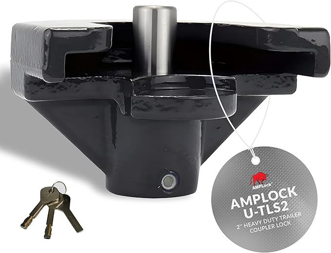 AMPLock U-TLS2 Heavy Duty Trailer Coupler Lock, 2'' RV & Boat Trailer, Anti-Theft Coupler with Flat Lip Design, Push-and-Lock System, 2-Inch Ball Hitch Locks, Trailer Hitch Locks with Keys