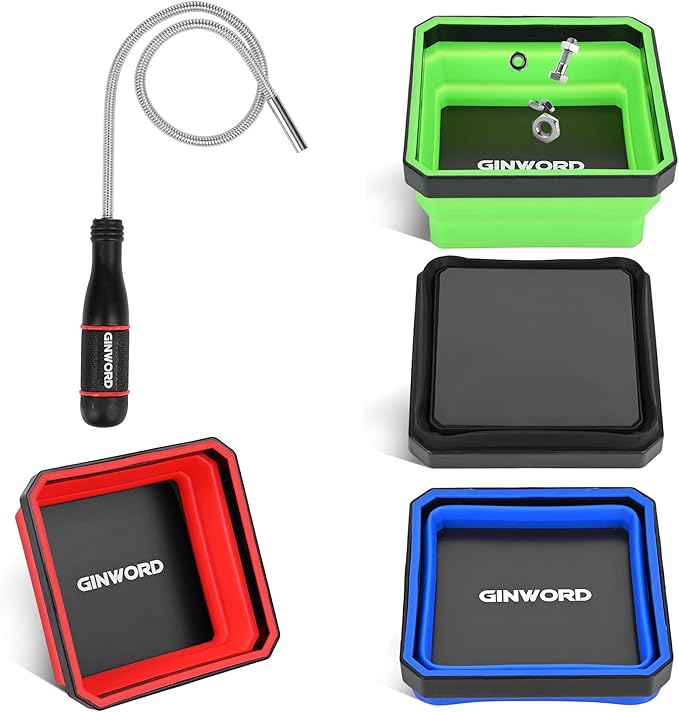 4Pcs Foldable Magnetic Partsn Trays Set with 3LBS Magnetic Pick-up Tool, 4.5" Square Silicone Magnetic Tool for Organizing Screws, Bolts, Nuts, Washers, Pins, and Other Small Metal Parts