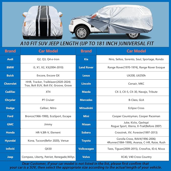 10-Layer SUV Car Cover Waterproof All Weather. Outdoor Full Exterior Covers HR-V, Compass, Element, CHR, Mazda CX30 CX-30 Etc. Size A10 (Length UP to 181 inch)