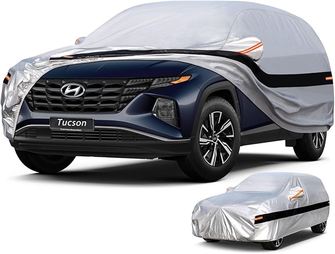 10 Layers SUV Car Cover Custom Fit for Hyundai Tucson (2004-2024) Waterproof All Weather for Automobiles, Outdoor Full Cover Rain Sun UV Protection.Silver