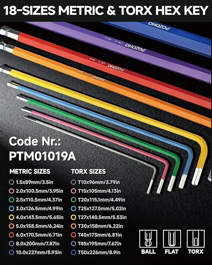 19-Piece Metric(1.5-10mm) & Torx(T10-T50) Allen Wrench Set, Color-Coded Ball End Hex Key Set with Bonus Torque Handle, Extra-Long, Anti-Rust for Motorcycle, Car Repair & Diy, PTM01019A