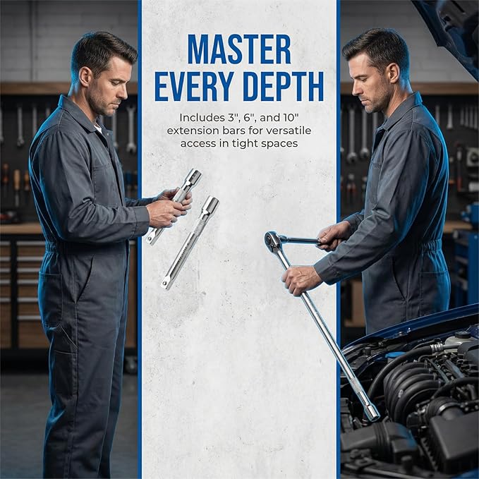 EMSTAR 3/8" Drive Socket Extension Bar Set, 3-Piece: 3", 6", 10" (75mm, 150mm, 250mm), Premium Cr-V Steel, Impact Ready