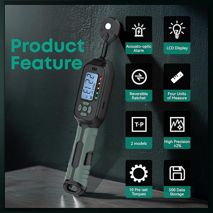 Digital Torque Wrench| ±2% Accuracy | Dual Alarm System | Short Handle Design | Electronic Torque Wrench Digital for Bicycle Moto/Auto Green1 1/4" 1.5-30 N.m