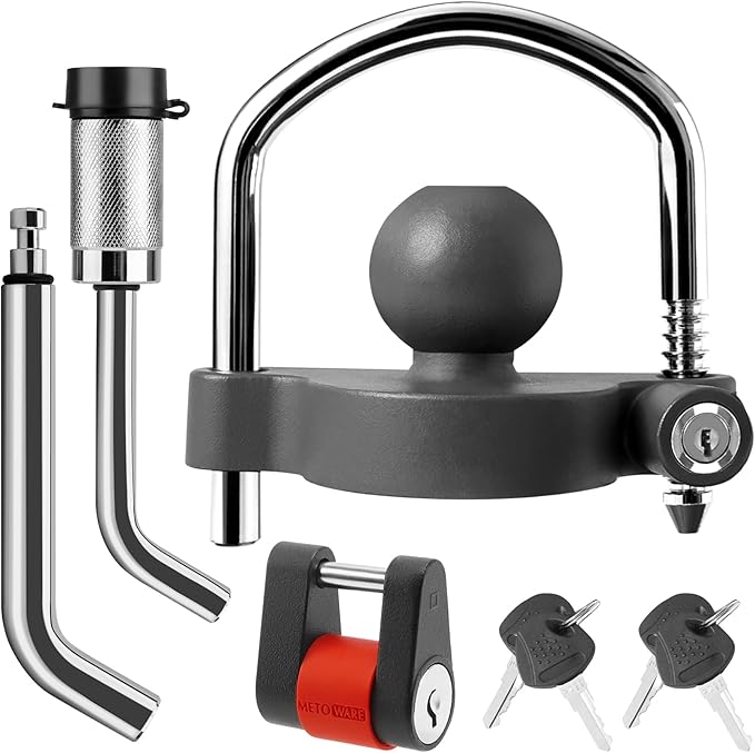 METOWARE Keyed Alike Trailer Lock Set: Universal Trailer Coupler Lock, 2 Dual Bent Pin Trailer Hitch Locks (1/2" & 5/8") and Trailer Tongue Lock - 3-Piece Anti-Theft Towing Security Kit, Grey